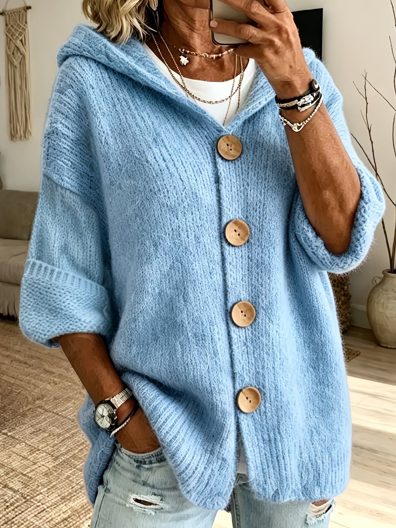 Women's Solid-Color Hooded Button-Down Cardigan Sweater