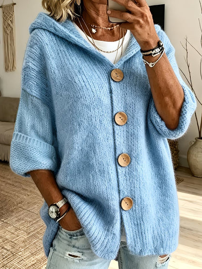 Women's Solid-Color Hooded Button-Down Cardigan Sweater