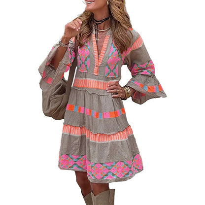 Fashion Print V-Neck Dress – Summer Ruffle A-Line Three-Quarter Sleeve Dress for Women