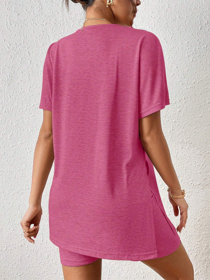 Women's Casual Solid Color Batwing Sleeve Tunic Top & Shorts Two-Piece Set