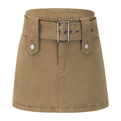 American Retro Wide Waistband Denim Mini Skirt with Belt