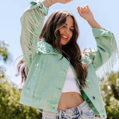 Denim Jacket Women – Light Green Cotton Long Sleeve Jacket