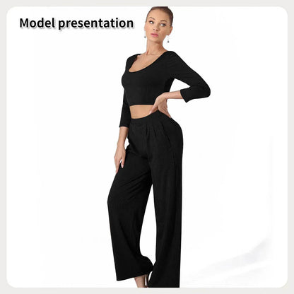 Women Fashion Casual Matching 2pcs set Long Sleeve Crop top and Pant set