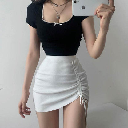 Hot Girl Hip Skirt Design High Waist With Straps Stretch Knitted Women's Mini Drawstring Split Skirt