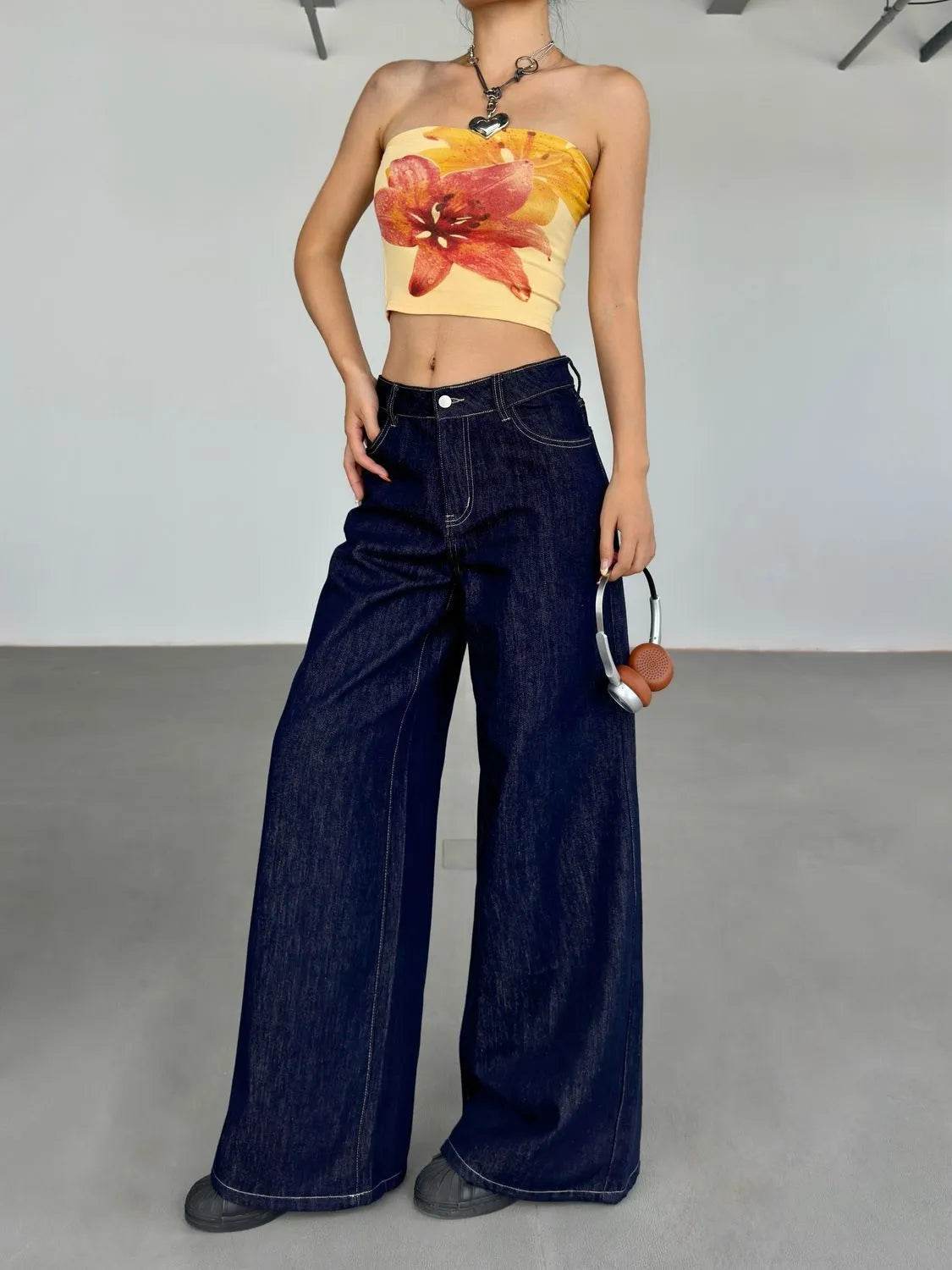 Pantalon Jean Ample Jambe Large Rétro Américain Tendance pour Femme