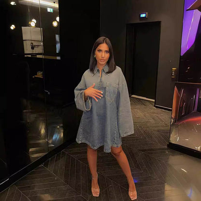 Lapel Patch Pocket Bell Sleeve Denim Dress