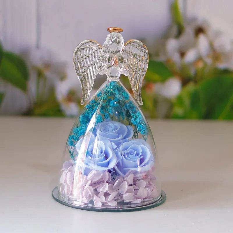 Boîte cadeau Fleur Éternelle Ange Sous Cloche Verre Rose Séchée Boîte Cadeau Pour Noël Nouvel An Saint Valentin Décoration Maison