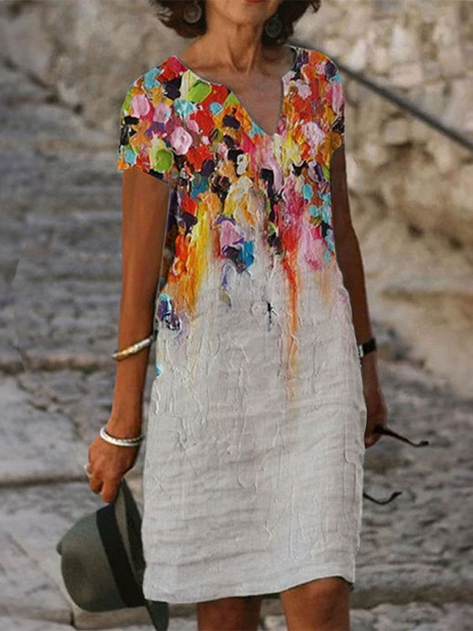 Women's Floral Print V-Neck A-Line Midi Dress – Short-Sleeve Casual Summer Dress