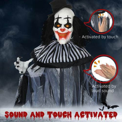 HOMCOM 6 Life Size Outdoor Halloween Decoration, Classic Black And White Striped Clown Animatronic, Sound And Motion Activated Animated Prop With Light Up Eyes  Sounds