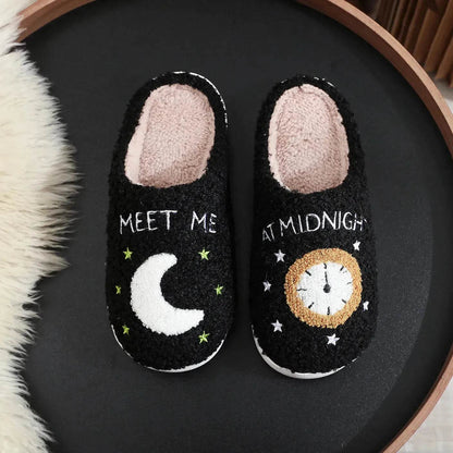 Chaussons d'intérieur imprimés lune et horloge, pantoufles chaudes d'hiver pour chambre à coucher pour femmes