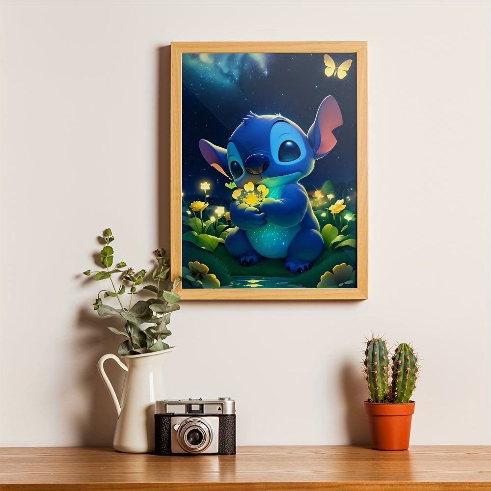 [Autorisé] Peinture diamant 5D Disney à faire soi-même, kit Lilo & Stitch de points et de fleurs lumineuses par numéro pour adultes, kit de peinture diamant rond complet, artisanat de peinture, décoration murale pour la maison