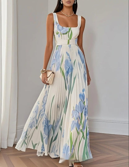 Floral Print Pleated Dress Summer A-Line Sleeveless Midi Dresses Women's Clothing