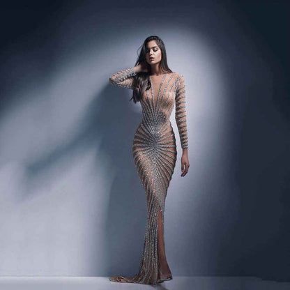 Women’s Diamond Mesh Maxi Dress – Sparkling Sheer Evening Gown for Party and Events