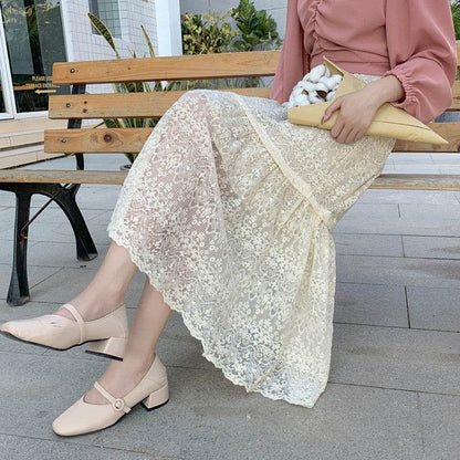Spring Summer Women High waist Lace Midi Skirt