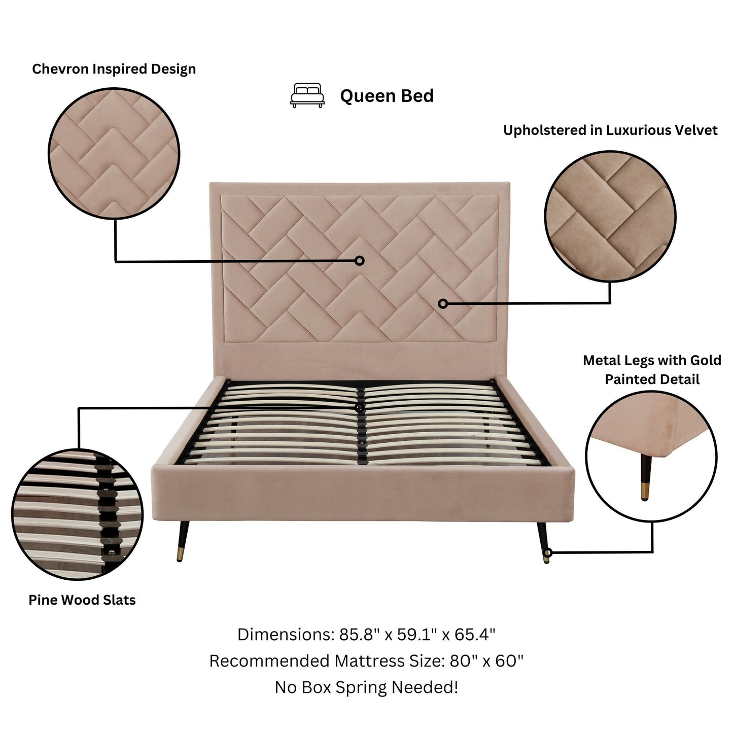 Lit plateforme Queen en velours rembourré Gallagher - Beige nude
