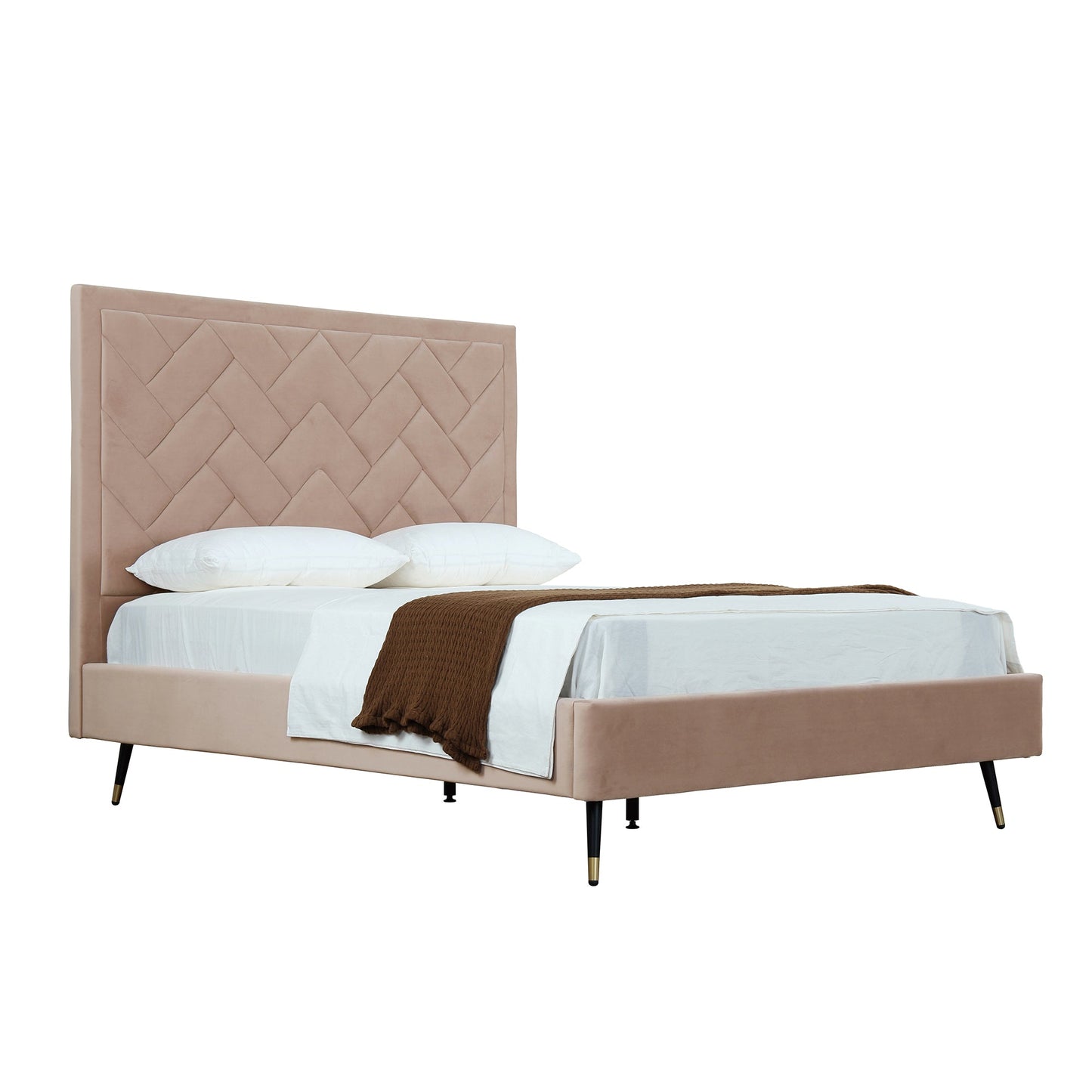 Lit plateforme Queen en velours rembourré Gallagher - Beige nude