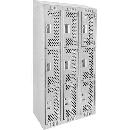 Clean Line™ Lockers, 3 -tier, Bank of 3, 36" x 15" x 78", Steel, Grey, Rivet (Assembled), Perforated