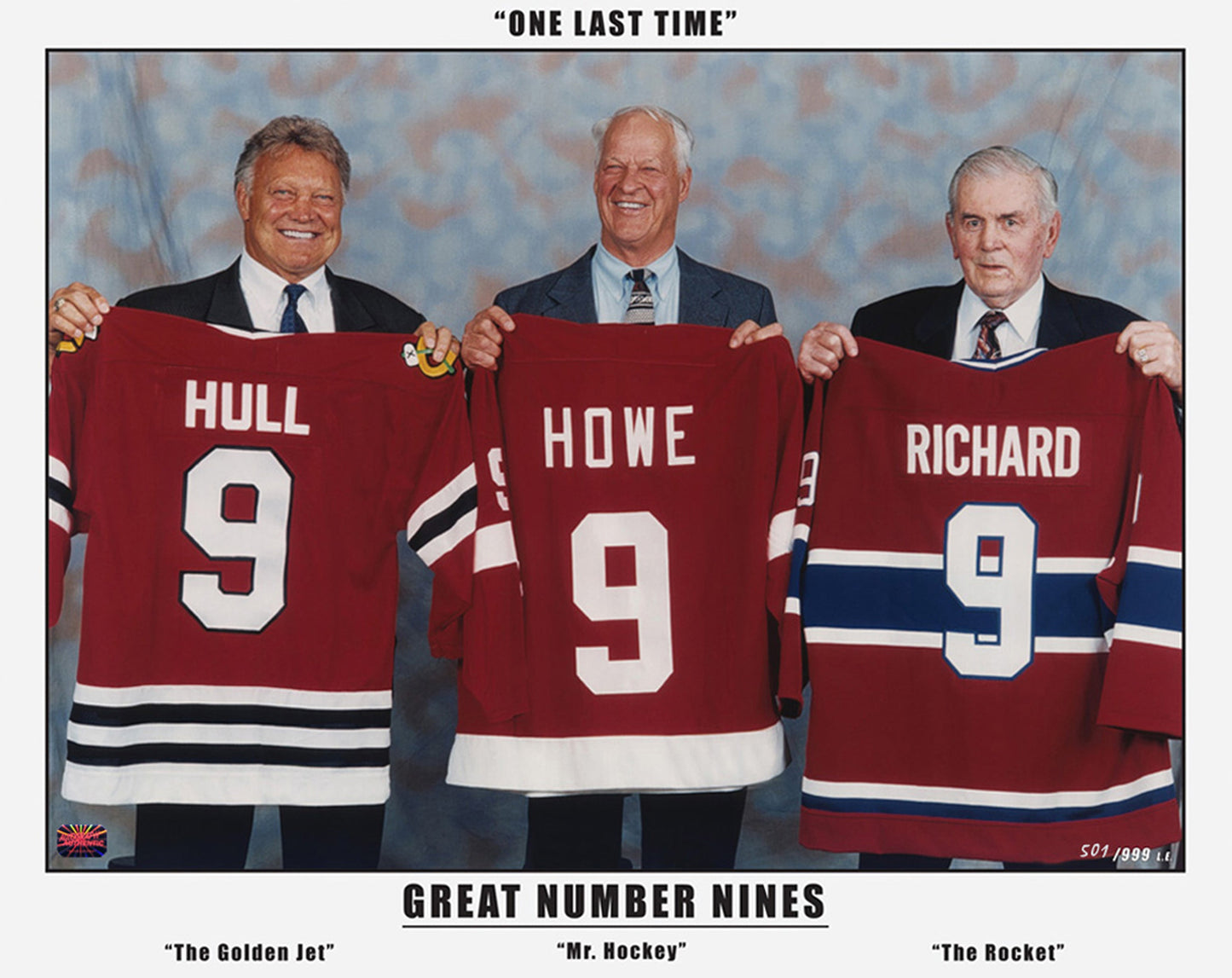 THREE GREAT NINES: MAURICE RICHARD, GORDIE HOWE & BOBBY HULL (20" BY 16")