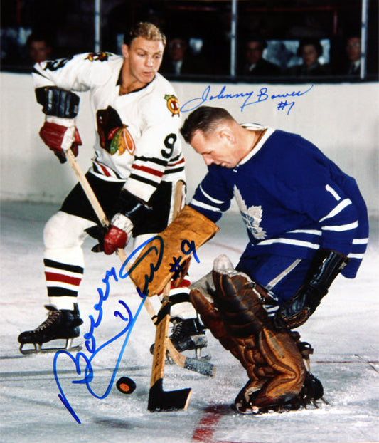 BOWER STOPS HULL SIGNED 8X10, TO MAPLE LEAFS, CHG BLACKHAWKS