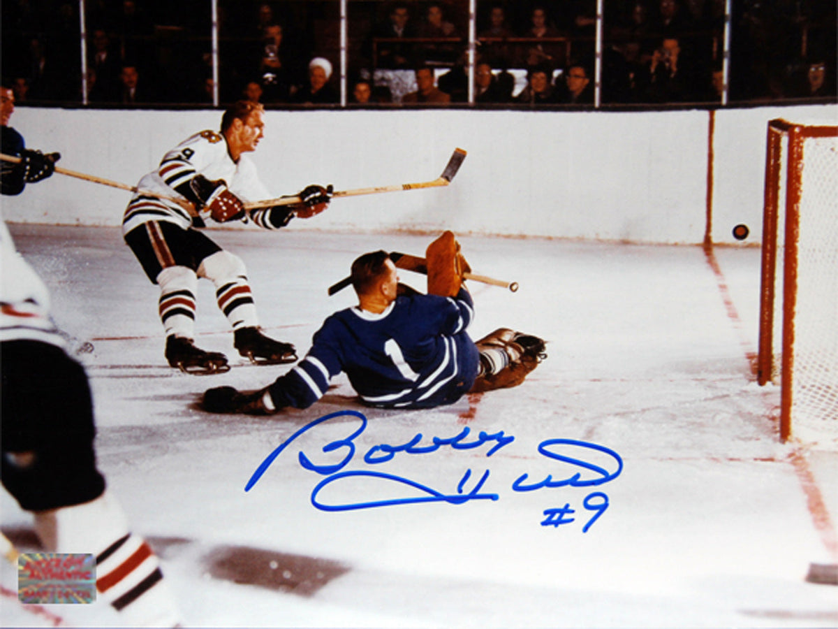 Bobby Hull Scores on Johnny Bower Signed 8x10 Photograph