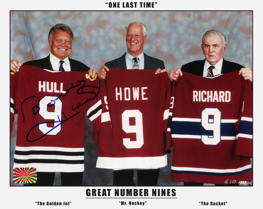 THREE GREAT NINES 8X10: MAURICE RICHARD, GORDIE HOWE, SIGNED BOBBY HULL