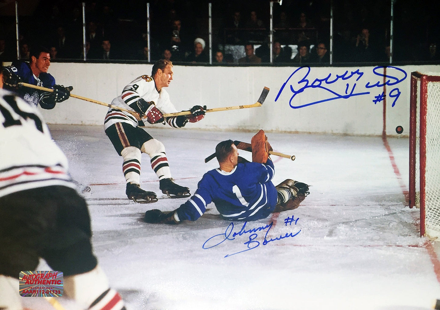 SIGNED JOHNNY BOWER, BOBBY HULL PHOTO - TOR MAPLE LEAFS, CHG BLACKHAWKS 12"X8"