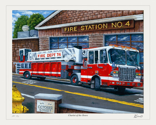 "CHARIOT OF THE BRAVE" FIRE TRUCK ART PRINT BY RYAN LEWIS - LTD ED /77 22.5"X18"