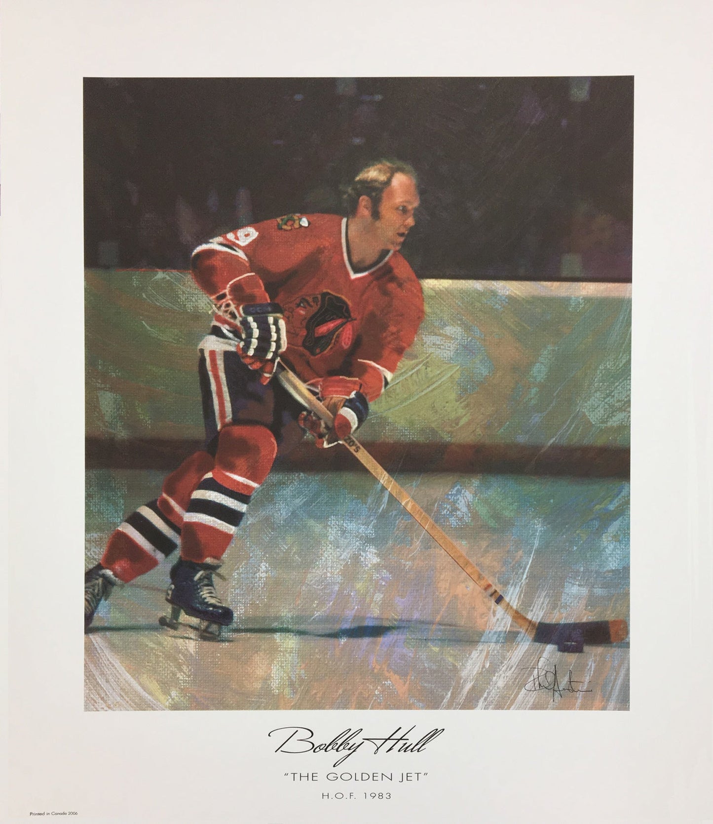THE GOLDEN JET LITHOGRAPH - BOBBY HULL - CHICAGO BLACKHAWKS (13" BY 11")