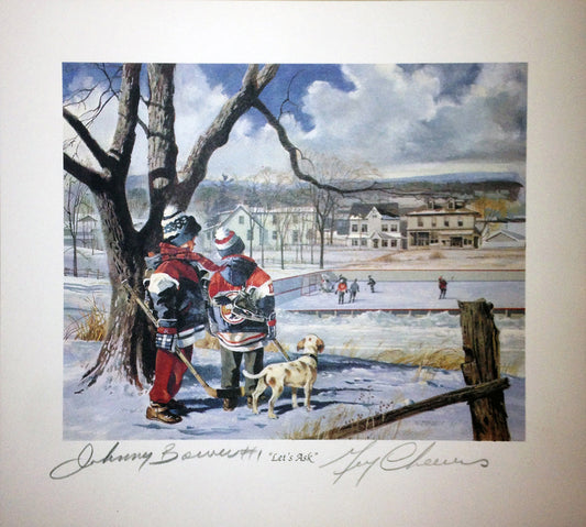 LET'S ASK LITHOGRAPH, SIGNED: JOHNNY BOWER & GERRY CHEEVERS (9.5" BY 8.5")