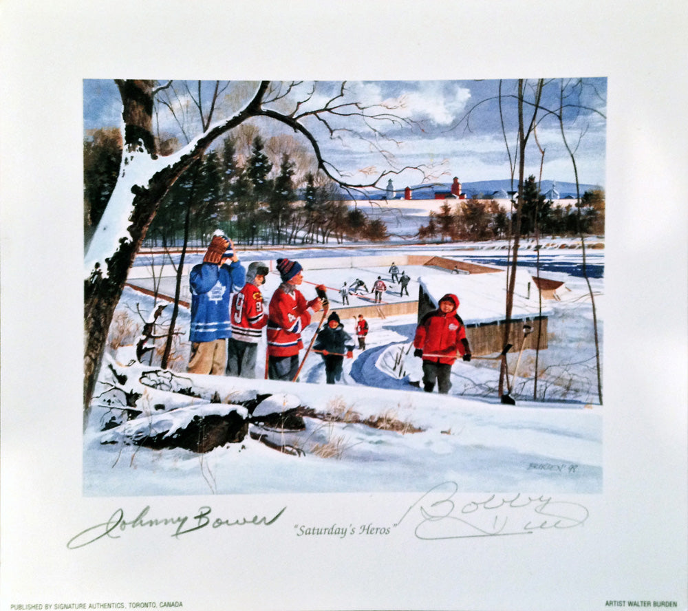 SATURDAY'S HEROES - SIGNED BY JOHNNY BOWER AND BOBBY HULL (8.5" BY 8")