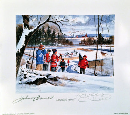 SATURDAY'S HEROES - SIGNED BY JOHNNY BOWER AND BOBBY HULL (8.5" BY 8")