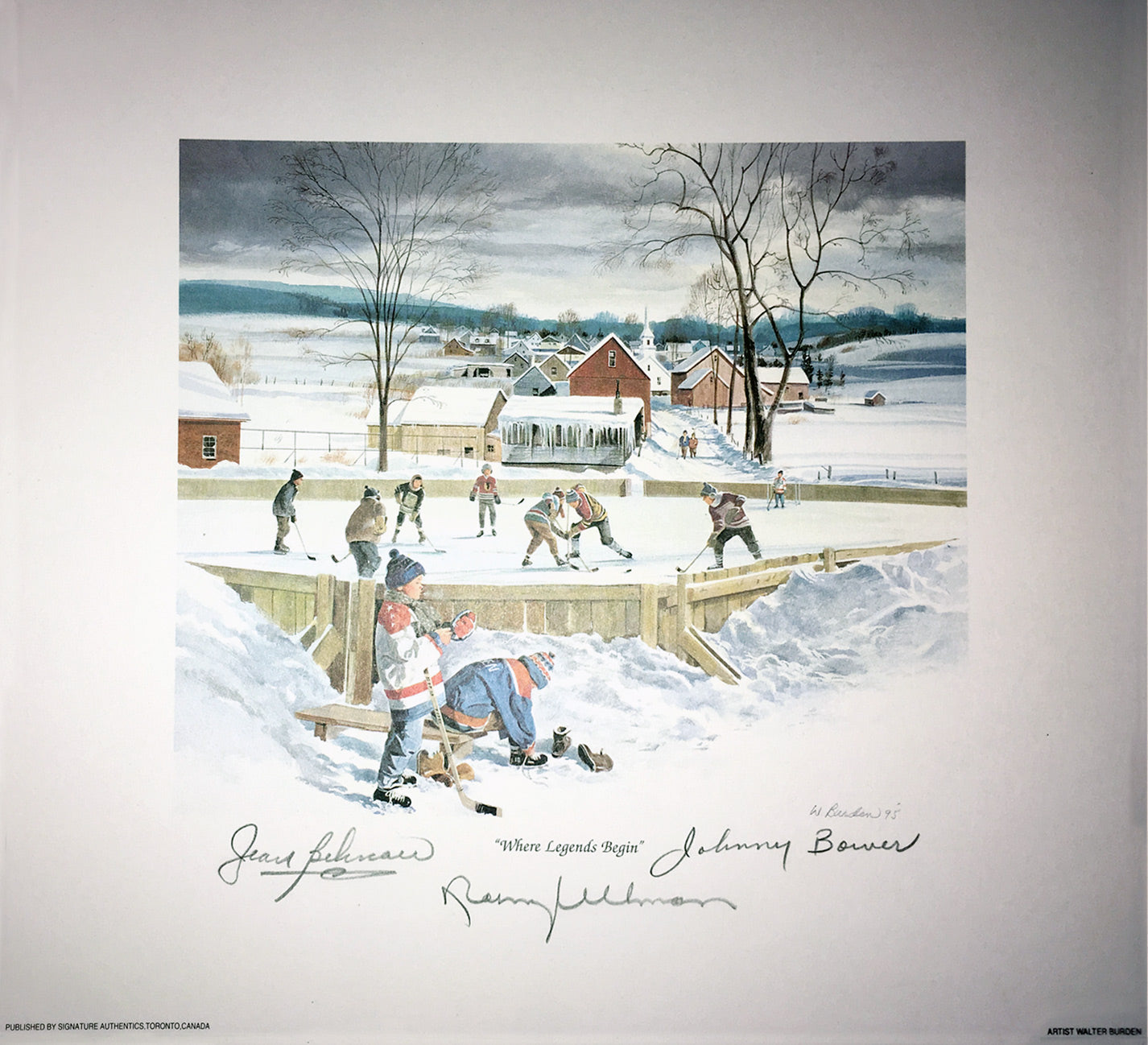 SIGNED BOWER, BELIVEAU, ULLMAN LITHOGRAPH - TORONTO, MONTREAL, DETROIT 10"X10"