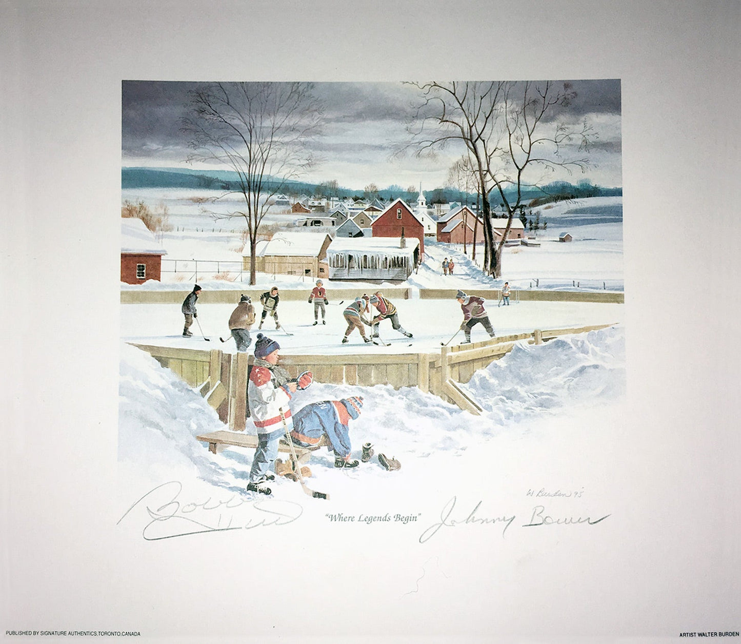 SIGNED JOHNNY BOWER & BOBBY HULL LITHO - TOR MAPLE LEAFS, CHG BLACKHAWKS 10"X10"