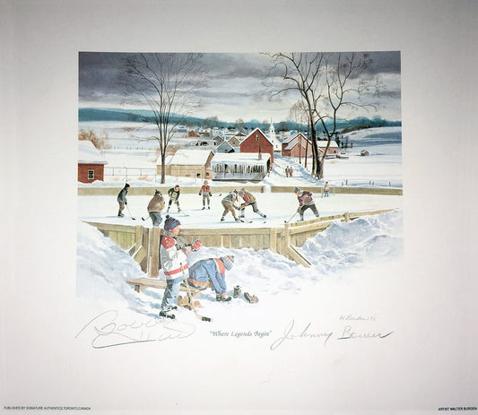 SIGNED JOHNNY BOWER & BOBBY HULL LITHO - TOR MAPLE LEAFS, CHG BLACKHAWKS 10"X10"