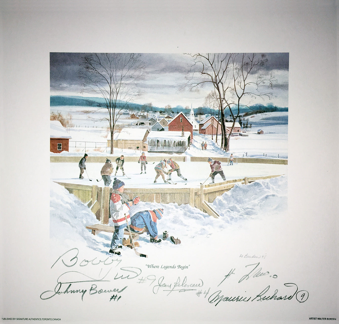 SIGNED BOWER, LAFLEUR, BELIVEAU, HULL, RICHARD LITHO - MTL, CHG, TOR 10"X10"