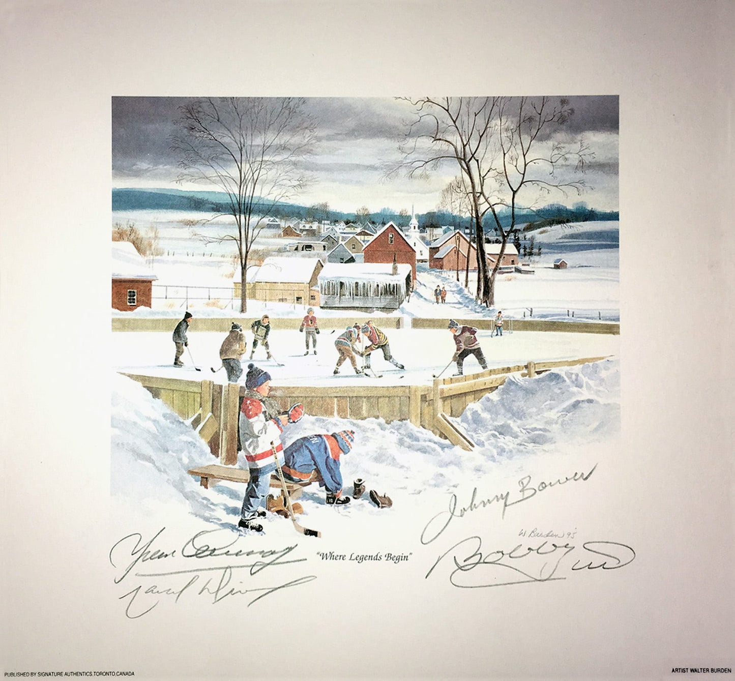 SIGNED BOWER, HULL, COURNOYER, DIONNE LITHO - TORONTO, CHICAGO, MTL, LA 10"X10"