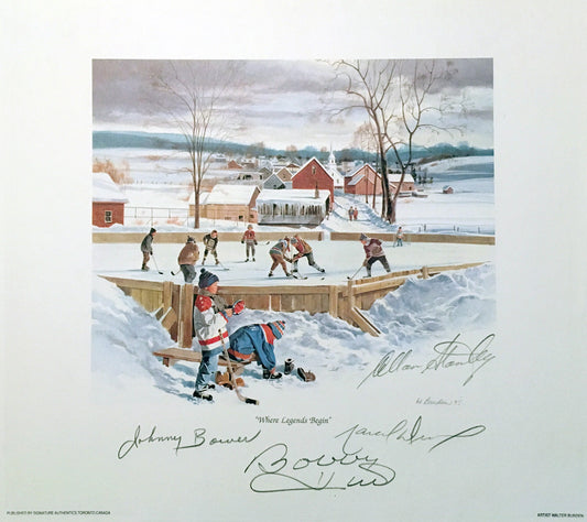 SIGNED BOWER, HULL, STANLEY, DIONNE LITHOGRAPH - TORONTO, CHICAGO, LA 10"X10"