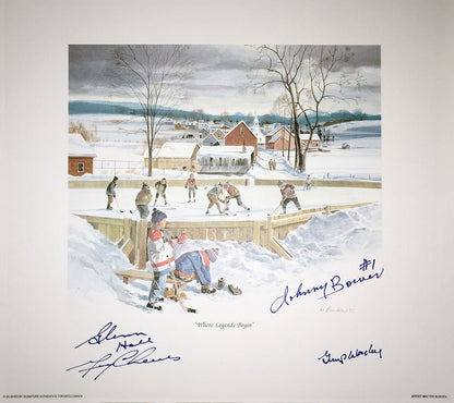 SIGNED BOWER, CHEEVERS, HALL, WORSLEY LITHO - LEAFS, HAWKS, HABS, BRUINS 10"X10"