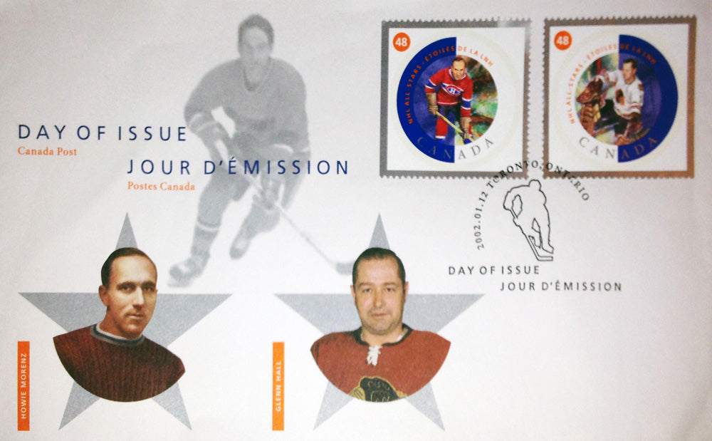 DAY OF ISSUE STAMPS 2002 GLENN HALL AND HOWIE MORENZ (7.5" BY 4.5")