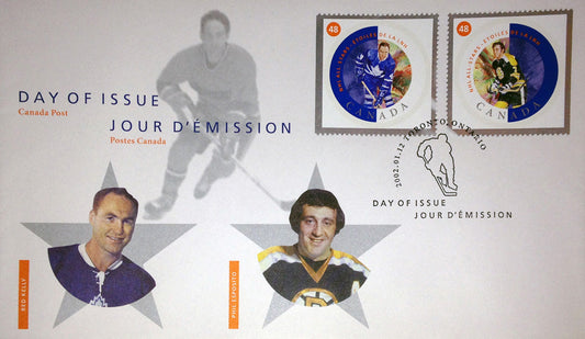 DAY OF ISSUE STAMPS 2002 RED KELLY AND PHIL ESPOSITO (7.5" BY 4.5")