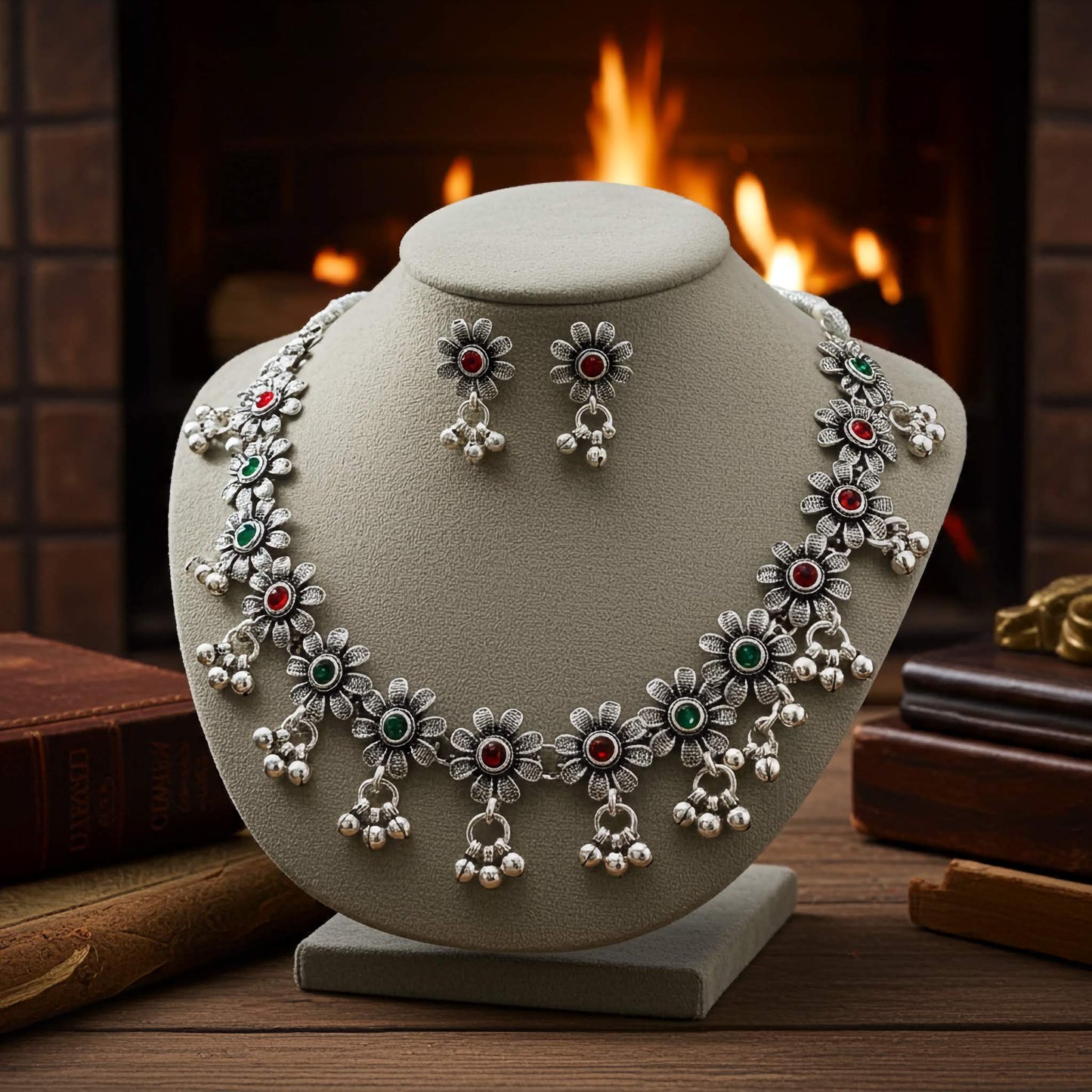 Oxidized Silver Floral Necklace & Earrings Set