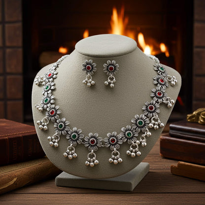 Oxidized Silver Floral Necklace & Earrings Set