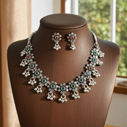 Oxidized Silver Floral Necklace & Earrings Set