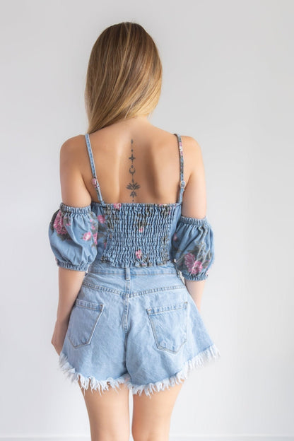 Floral Denim Top with Removable Sleeves
