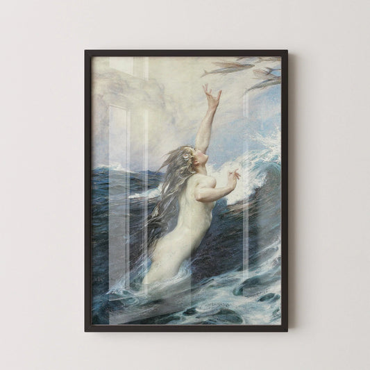 Le Poisson volant - Herbert James Draper | Fantaisie romantique océanique | Impression vintage déesse de la mer mythologique nue (disponible encadrée à la main ou sans cadre)