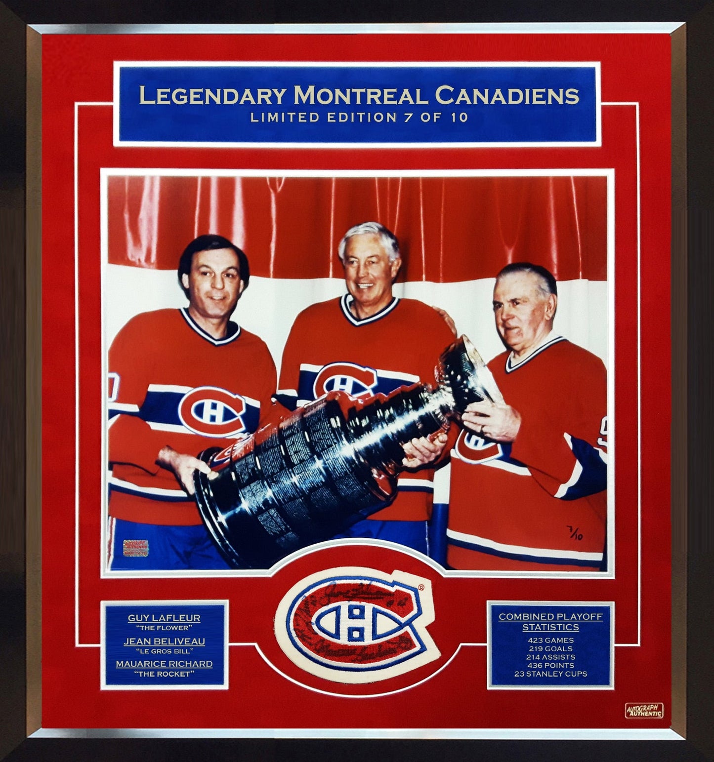 M. RICHARD, JEAN BELIVEAU, GUY LAFLEUR SIGNED - LTD /10 PATCH & PHOTO 26"X24"