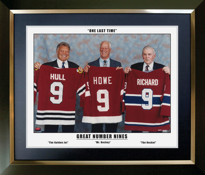 GREAT NINES, M. RICHARD, G. HOWE, BOBBY HULL - FRAMED THREE GREAT NINES 24"X20"