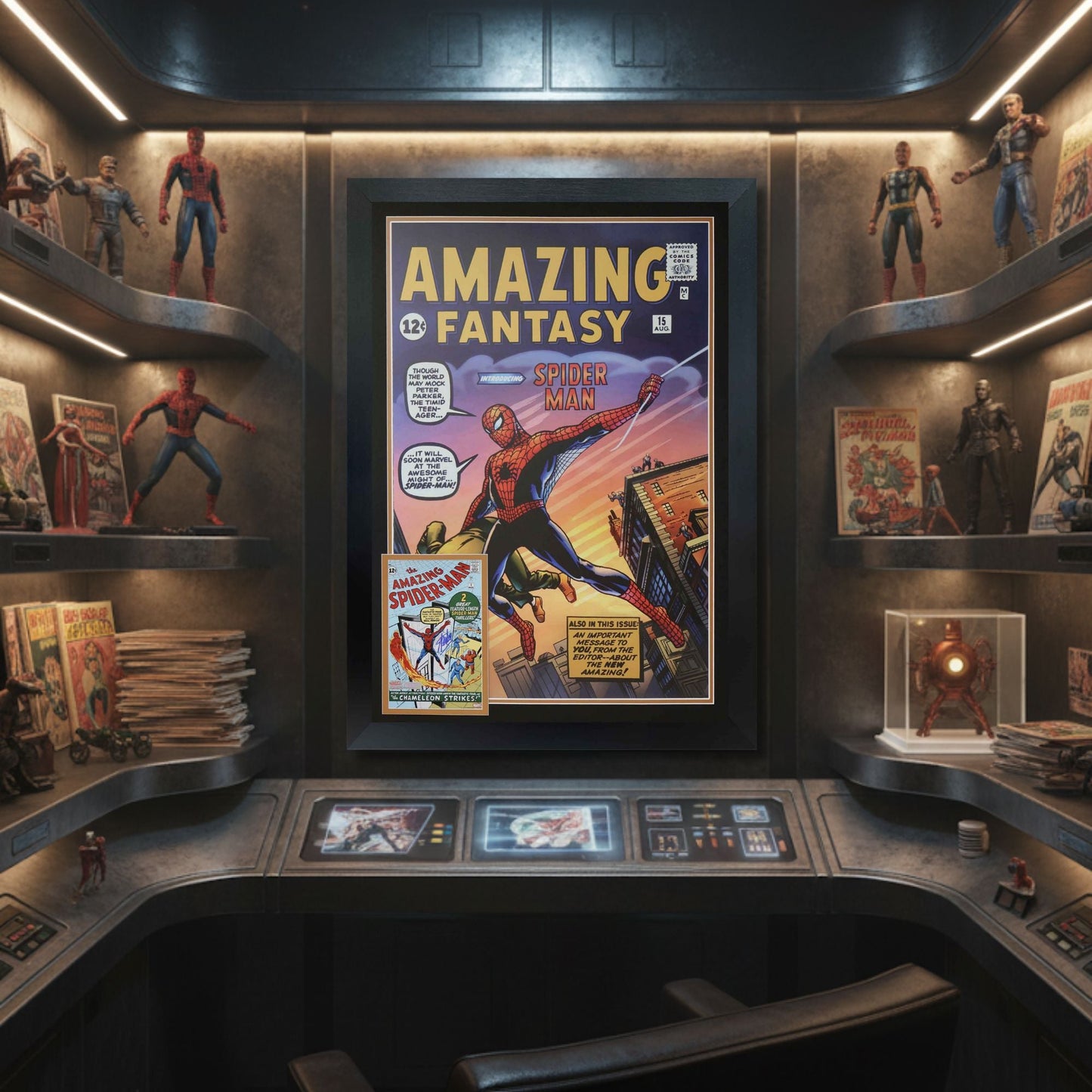 SPIDER-MAN FIRST APPEARANCE FRAMED PRINT SIGNED BY STAN LEE (38.5" BY 28")