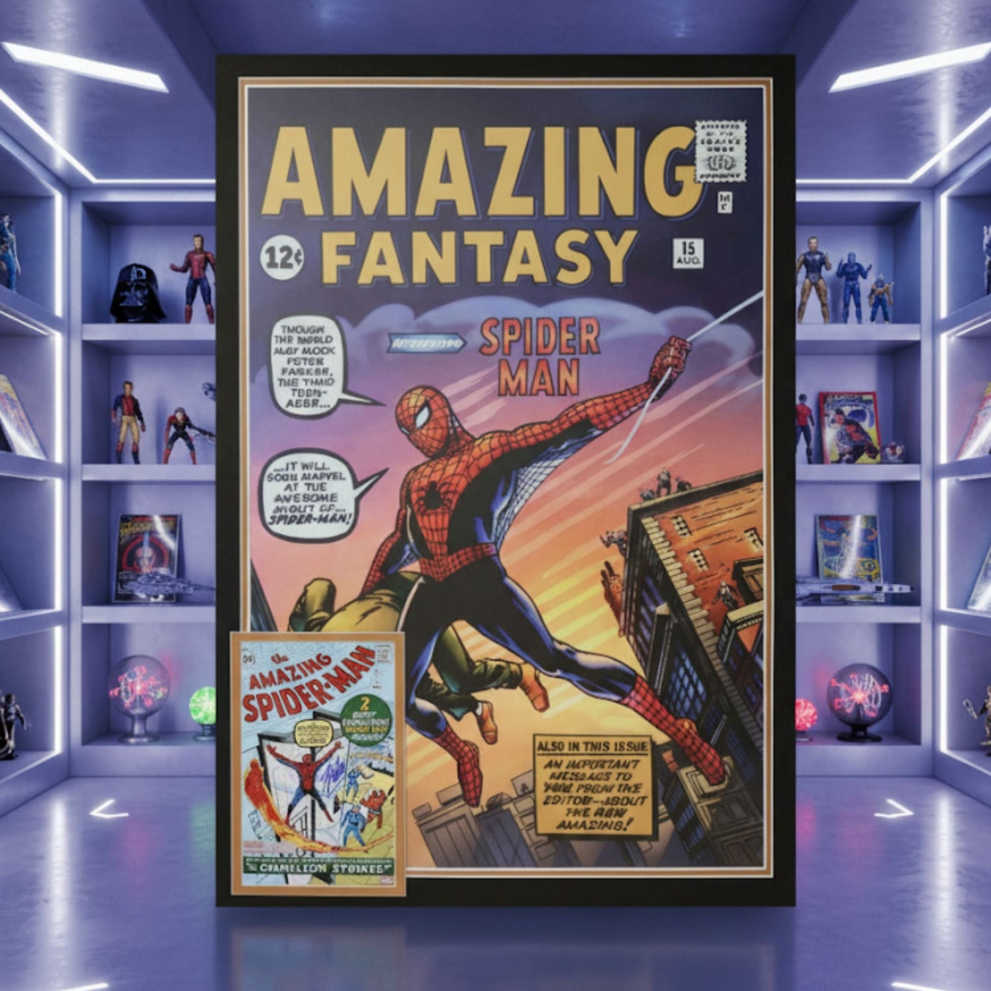 SPIDER-MAN FIRST APPEARANCE FRAMED PRINT SIGNED BY STAN LEE (38.5" BY 28")