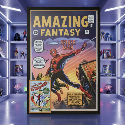 SPIDER-MAN FIRST APPEARANCE FRAMED PRINT SIGNED BY STAN LEE (38.5" BY 28")
